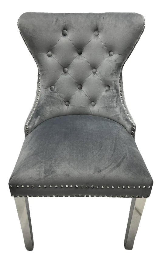 Mayfair Lion Knocker Quilted Tufted Plush Velvet Dining Chair Chrome Legs - 3 Colours