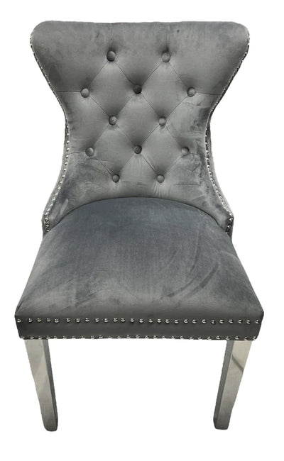 Mayfair Lion Knocker Quilted Tufted Plush Velvet Dining Chair Chrome Legs - 3 Colours