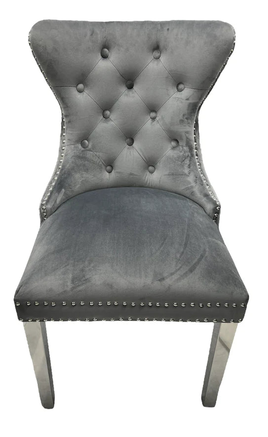 Arial Kata Gold 180cm Marble & Chrome Dining Table + Chrome Quilted Lion Knocker Velvet Chairs