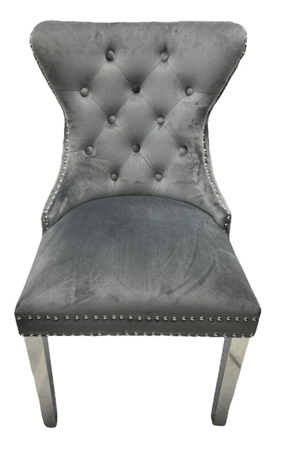 Arial Kata Gold 180cm Marble & Chrome Dining Table + Chrome Quilted Lion Knocker Velvet Chairs
