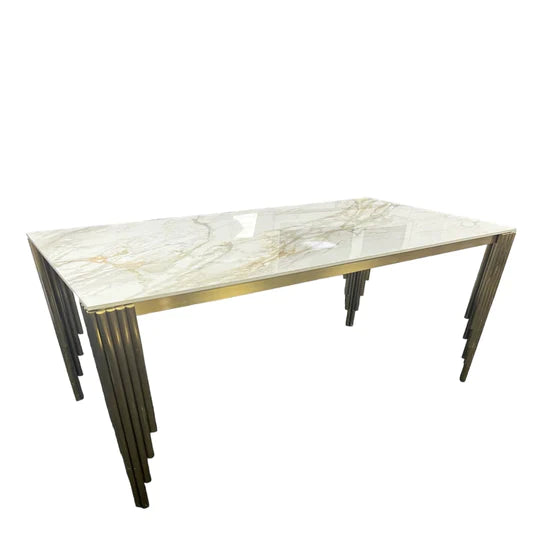 Mayfair 180CM Gold Marble Dining Table With Gold Lion Knocker Quilted Dining Chairs