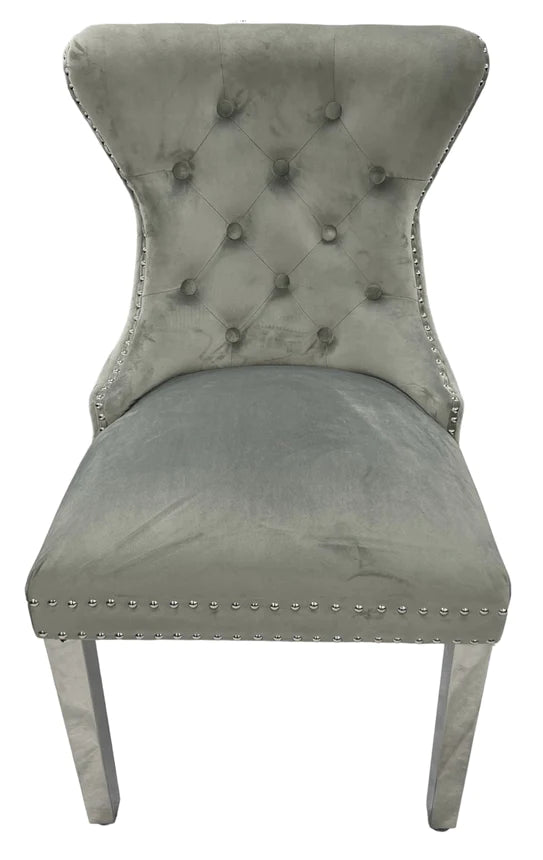 Mayfair Lion Knocker Quilted Tufted Plush Velvet Dining Chair Chrome Legs - 3 Colours