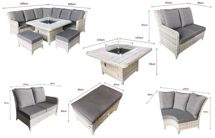 Megan Garden Large Corner Dining Set with Firepit in Cream and Grey