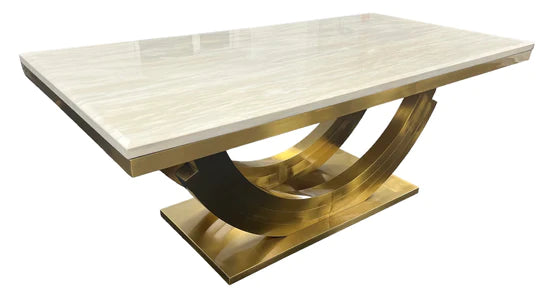 Medas 200cm Premium Gold Marble Dining Table With Gold Lion Knocker Velvet Dining Chairs