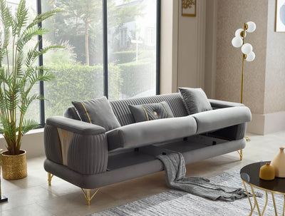 The Sevilla Luxury Premium 3+2 Black Gold Velvet Sofa Bed Set