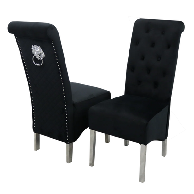 Elina 160cm Marble & Chrome Dining Table With Lucy Quilted Lion Knocker Velvet Chrome Chairs