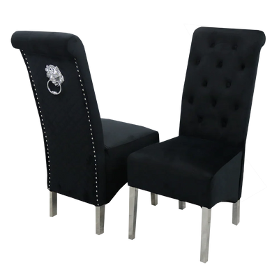 Arianna Marble & Chrome Dining Table With Lucy Slim Quilted Lion Knocker PU Leather Chairs