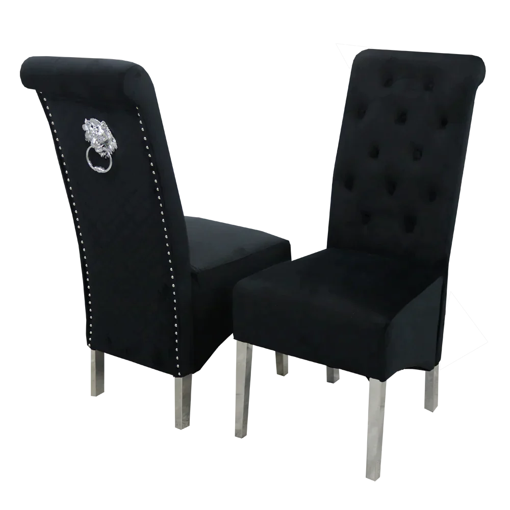 Venice 180cm Marble & Chrome Dining Table With Lucy Slim Quilted Lion Knocker Velvet Chairs