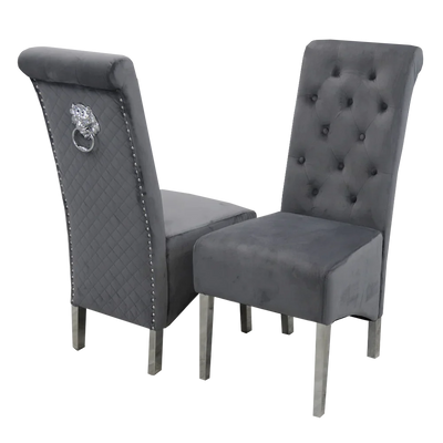 Louis Marble & Chrome Dining Table With Lucy Slim Quilted Lion Knocker Velvet Chairs