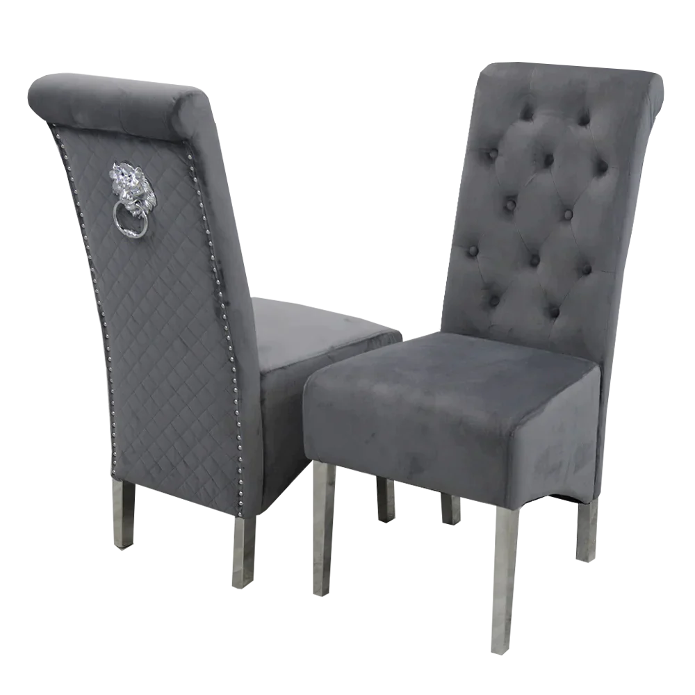 Venice 180cm Marble & Chrome Dining Table With Lucy Slim Quilted Lion Knocker Velvet Chairs
