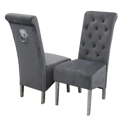 Venice 180cm Marble & Chrome Dining Table With Lucy Slim Quilted Lion Knocker Velvet Chairs
