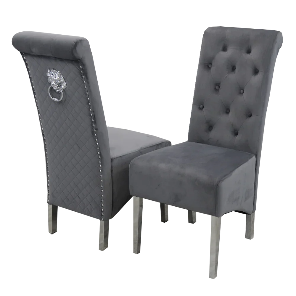 Ottavia 180cm Marble & Chrome Dining Table With Lucy Slim Quilted Lion Knocker Velvet Chairs