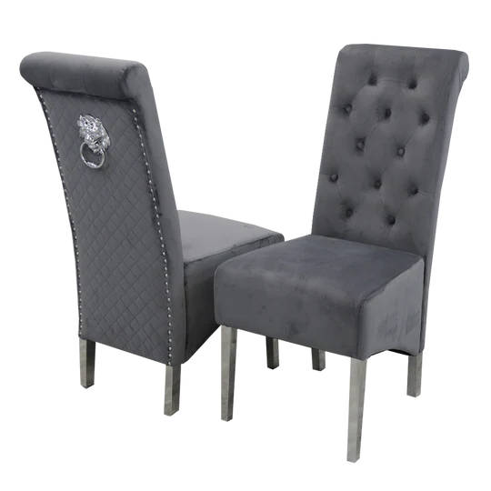 Elina 160cm Marble & Chrome Dining Table With Lucy Quilted Lion Knocker Velvet Chrome Chairs