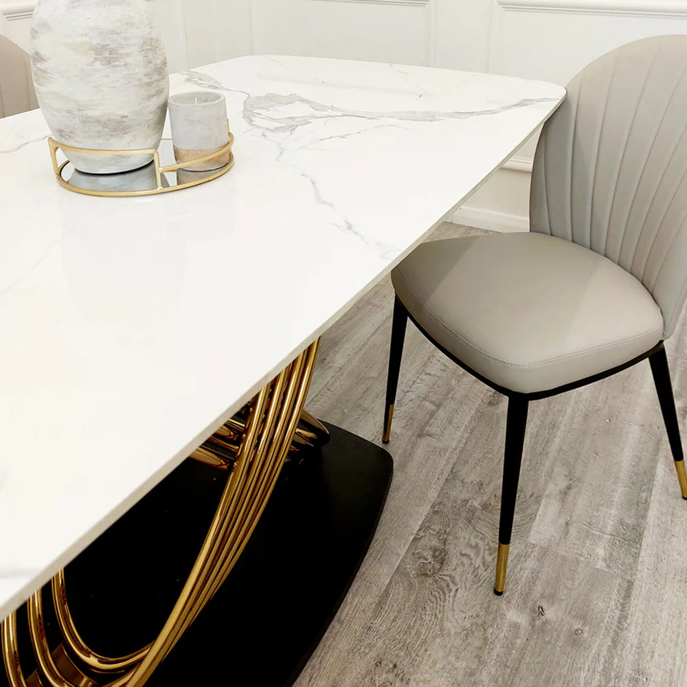 Orion 180cm White/Gold Dining Table With Victoria Lion Knocker Velvet Gold Chairs