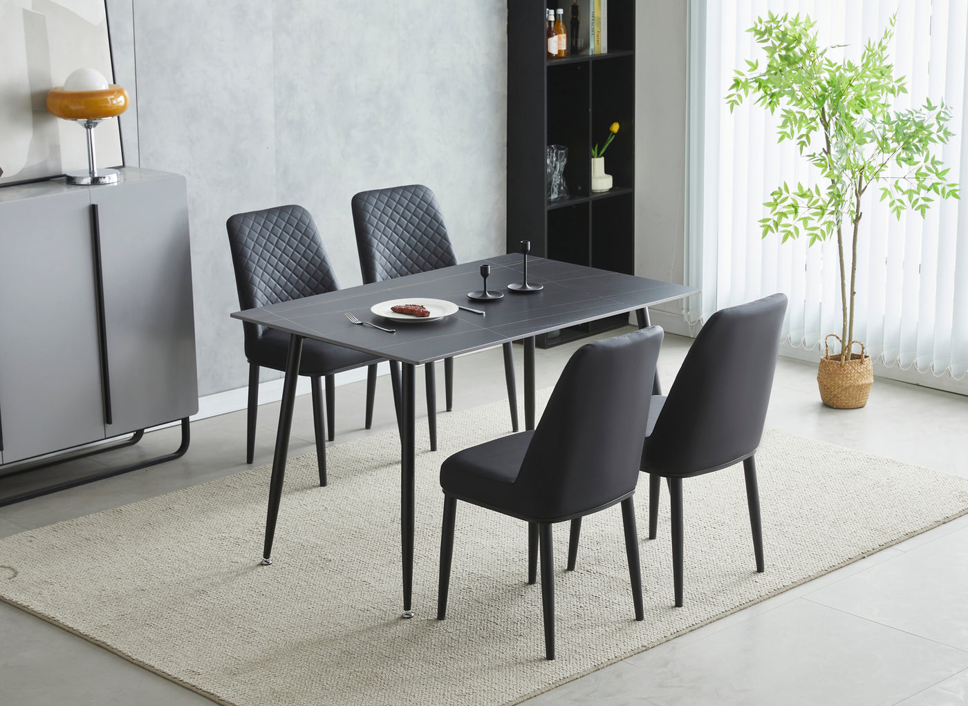 Oxford 120cm Black Ceramic Top Dining Table With 4 Black PU Leather Dining Chairs