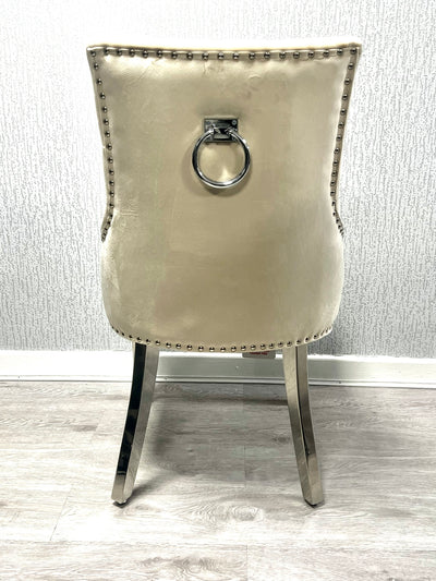 Elina Marble & Chrome Dining Table With Chrome Ring Knocker Velvet Chairs