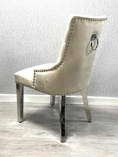 Louis Marble & Chrome Dining Table With Chrome Ring Knocker Velvet Chairs