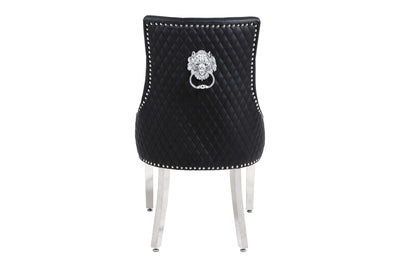 Amara 180cm Grey Marble & Chrome Dining Table With Majestic PU Leather Lion Knocker Dining Chairs