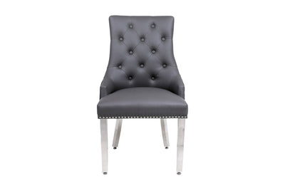 Amara 180cm Grey Marble & Chrome Dining Table With Majestic PU Leather Lion Knocker Dining Chairs