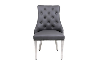 Louis Marble & Chrome Dining Table With Grey Quilted Lion Knocker PU Leather Chairs & Majestic 140cm Grey Bench PU Leather