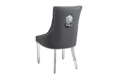 Amara 180cm Grey Marble & Chrome Dining Table With Majestic PU Leather Lion Knocker Dining Chairs