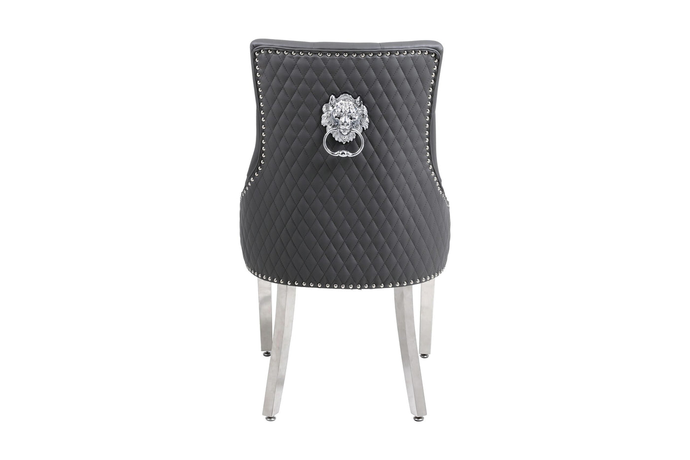 Amara 180cm Grey Marble & Chrome Dining Table With Majestic PU Leather Lion Knocker Dining Chairs