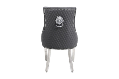 Amara 180cm Grey Marble & Chrome Dining Table With Majestic PU Leather Lion Knocker Dining Chairs