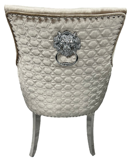 Majestic Chrome Lion Knocker Quilted Tufted Shimmer Velvet Dining Chair Chrome Legs - 2 Colours