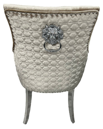 Majestic Chrome Lion Knocker Quilted Tufted Shimmer Velvet Dining Chair Chrome Legs - 2 Colours