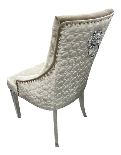 Majestic Chrome Lion Knocker Quilted Tufted Shimmer Velvet Dining Chair Chrome Legs - 2 Colours