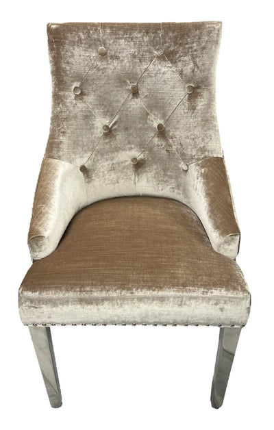 Majestic Chrome Lion Knocker Quilted Tufted Shimmer Velvet Dining Chair Chrome Legs - 2 Colours