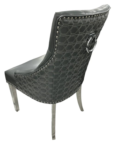 Ottavia 180cm Grey Marble Dining Table + Grey Chrome Ring Knocker Faux Leather Chairs