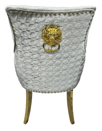 Medas 200cm Premium Gold Marble Dining Table With Gold Lion Knocker Velvet Dining Chairs