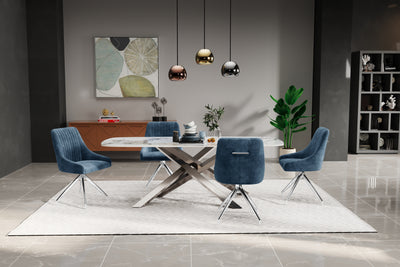 Lennox 180cm Dining Table White/Gold Ceramic Marble Top With Swivel Velvet Chrome Leg Dining Chairs