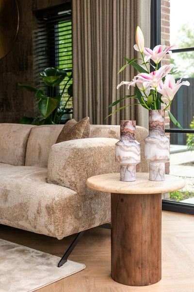 Richmond Interiors Douglas Beige Travertine & Brown Mango Wood Round Side Table