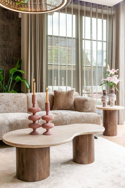 Richmond Interiors Douglas Beige Travertine & Brown Mango Wood Round Side Table
