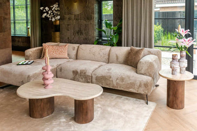 Richmond Interiors Douglas Beige Travertine & Brown Mango Wood Round Side Table