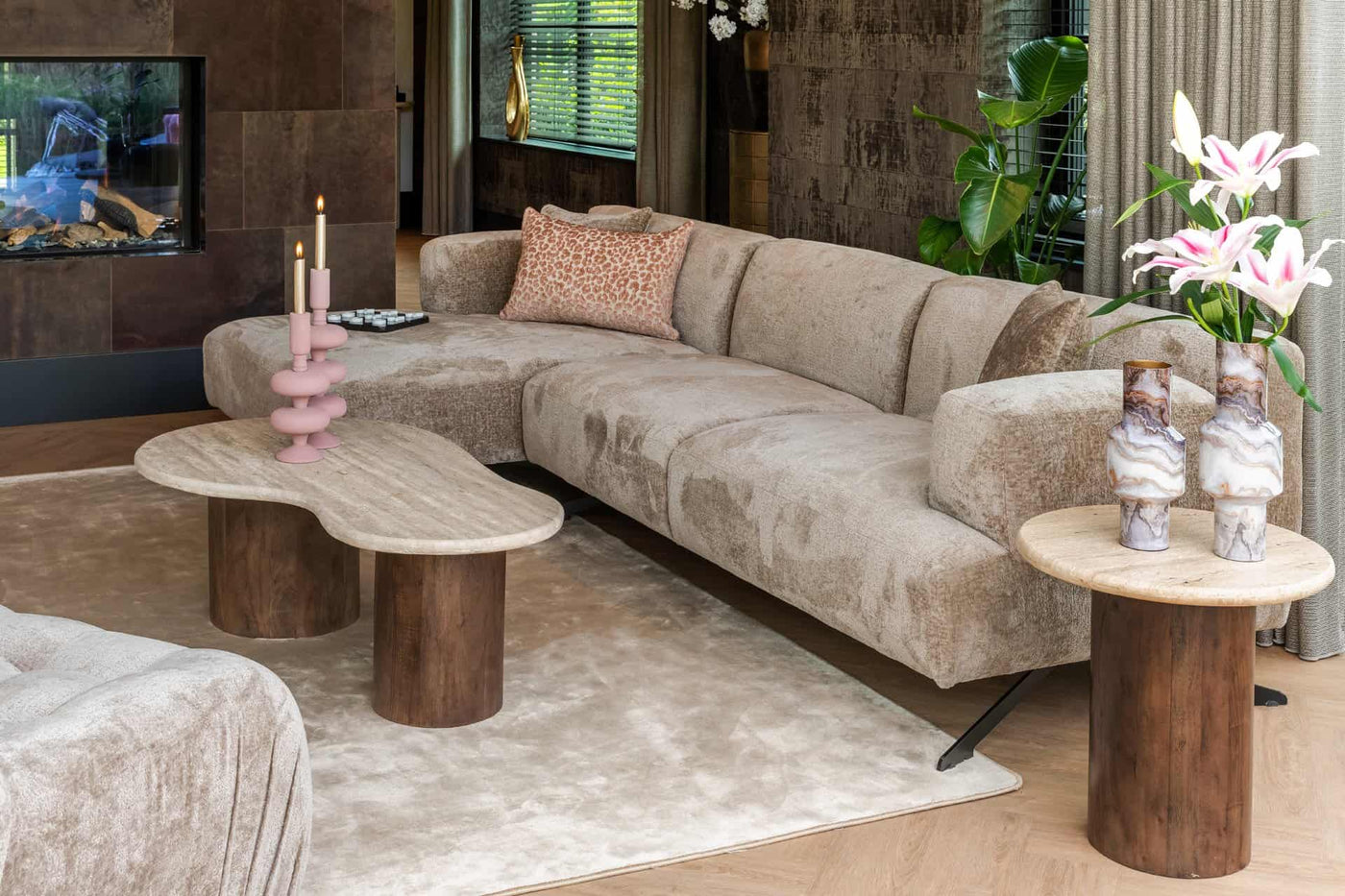 Richmond Interiors Douglas Beige Travertine & Brown Mango Wood Round Side Table