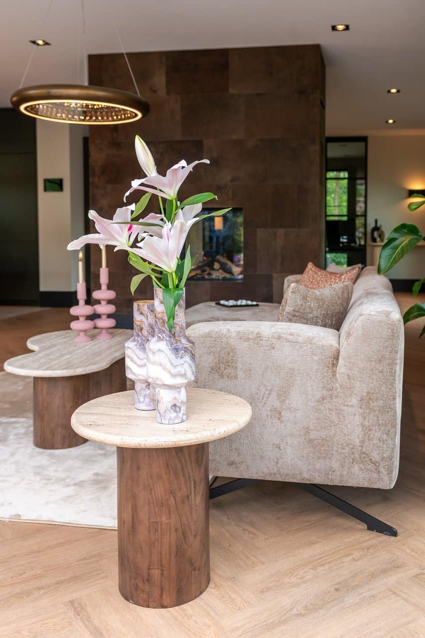 Richmond Interiors Douglas Beige Travertine & Brown Mango Wood Round Side Table