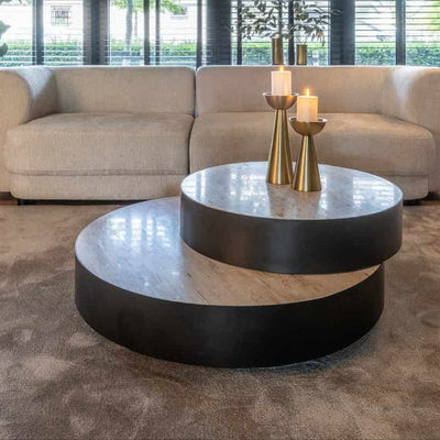 Richmond Interiors Avalon Bronze & Beige Travertine Layered Stacked Round Coffee Table