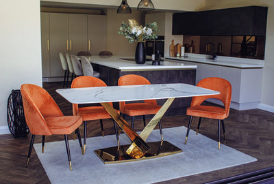Valeo 180cm Gold/White Ceramic Marble Dining Table + Astra PU Leather / Fabric Dining Chairs