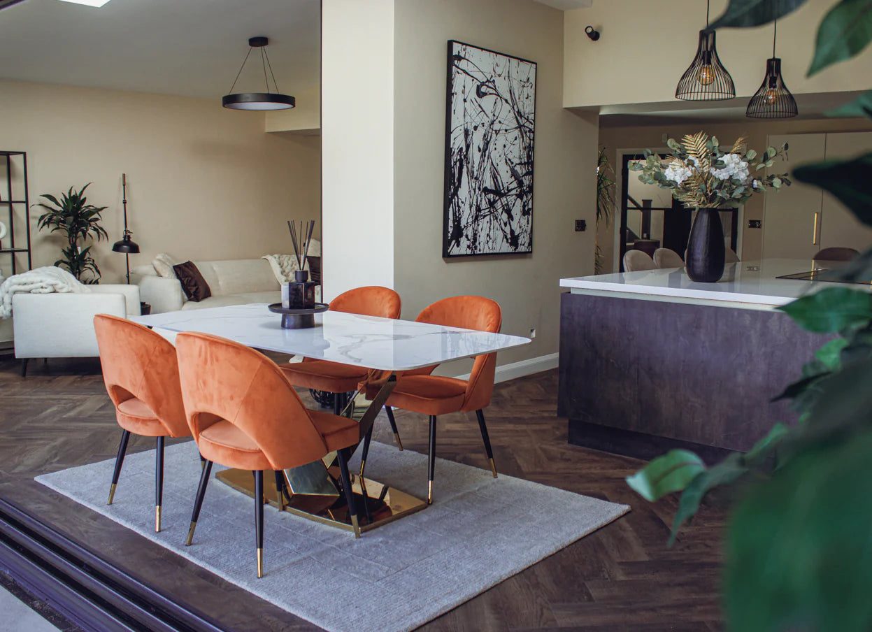 Valeo 180cm Gold/White Ceramic Marble Dining Table + Astra PU Leather / Fabric Dining Chairs