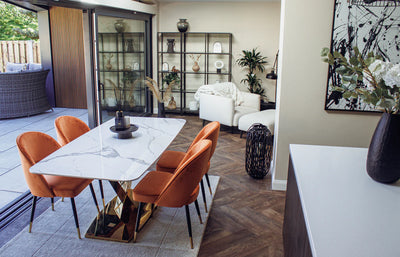 Valeo 180cm Gold/White Ceramic Marble Dining Table + Astra PU Leather / Fabric Dining Chairs