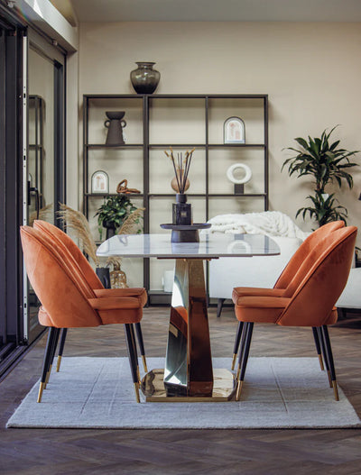 Valeo 180cm Gold/White Ceramic Marble Dining Table + Astra PU Leather / Fabric Dining Chairs