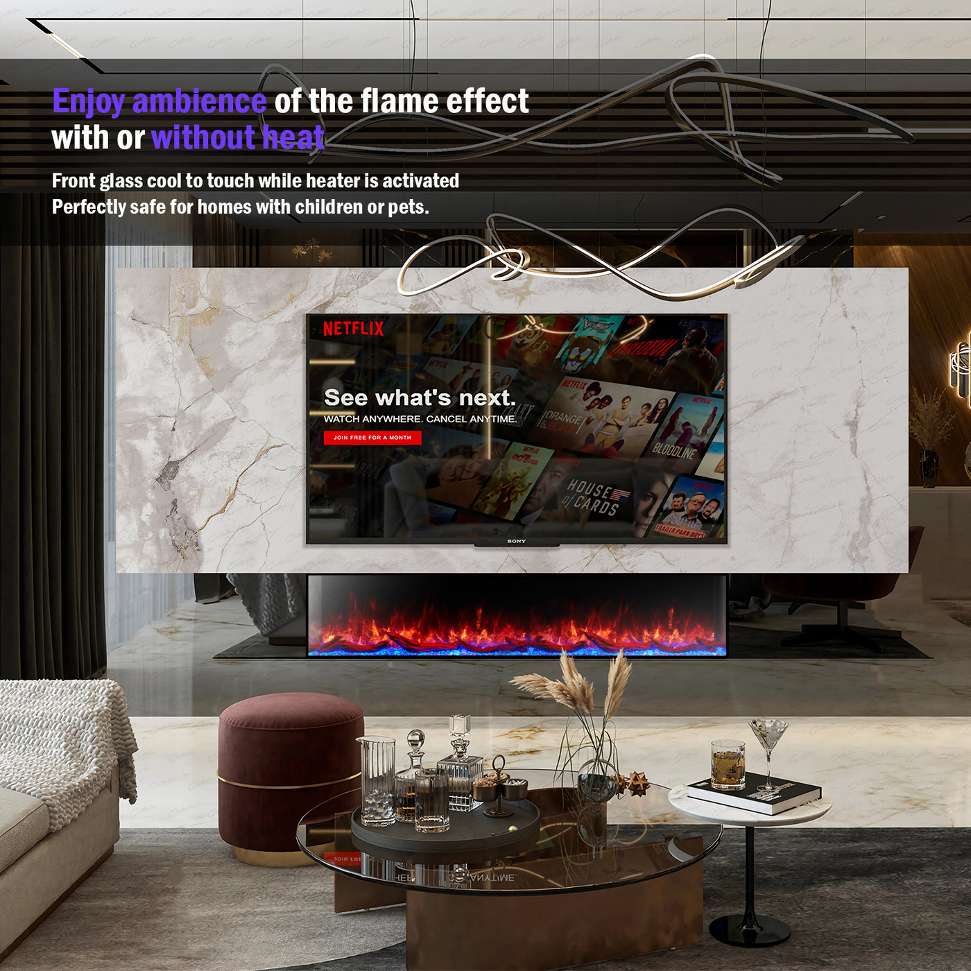 50 60 71 Inch HD+ Widescreen Extra Deep Black Electric Cullinan UHD LED Fire 3 Sided Full Glass