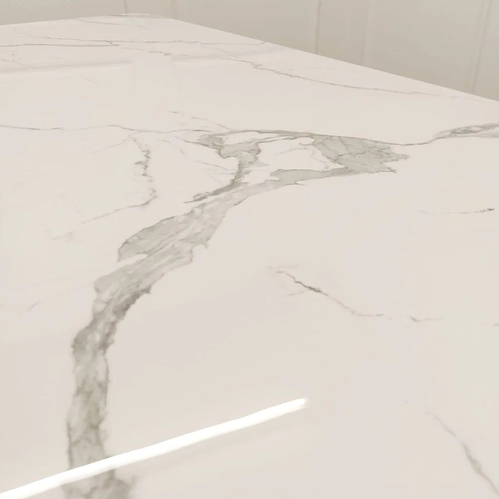 Valeo 180cm Gold/White Ceramic Marble Dining Table + Astra PU Leather / Fabric Dining Chairs
