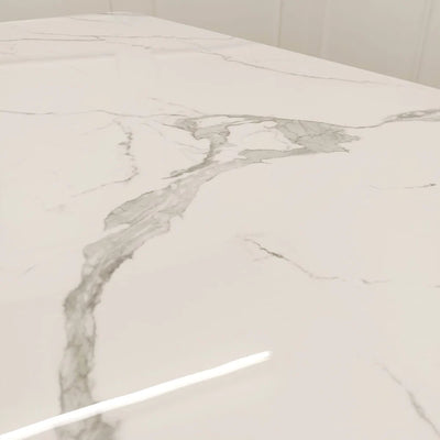 Valeo 180cm Gold/White Ceramic Marble Dining Table + Astra PU Leather / Fabric Dining Chairs