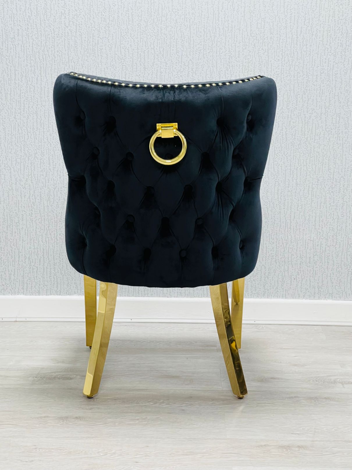 Louis Gold Black Marble Dining Table With Valentino Gold Ring Knocker Dining Chairs