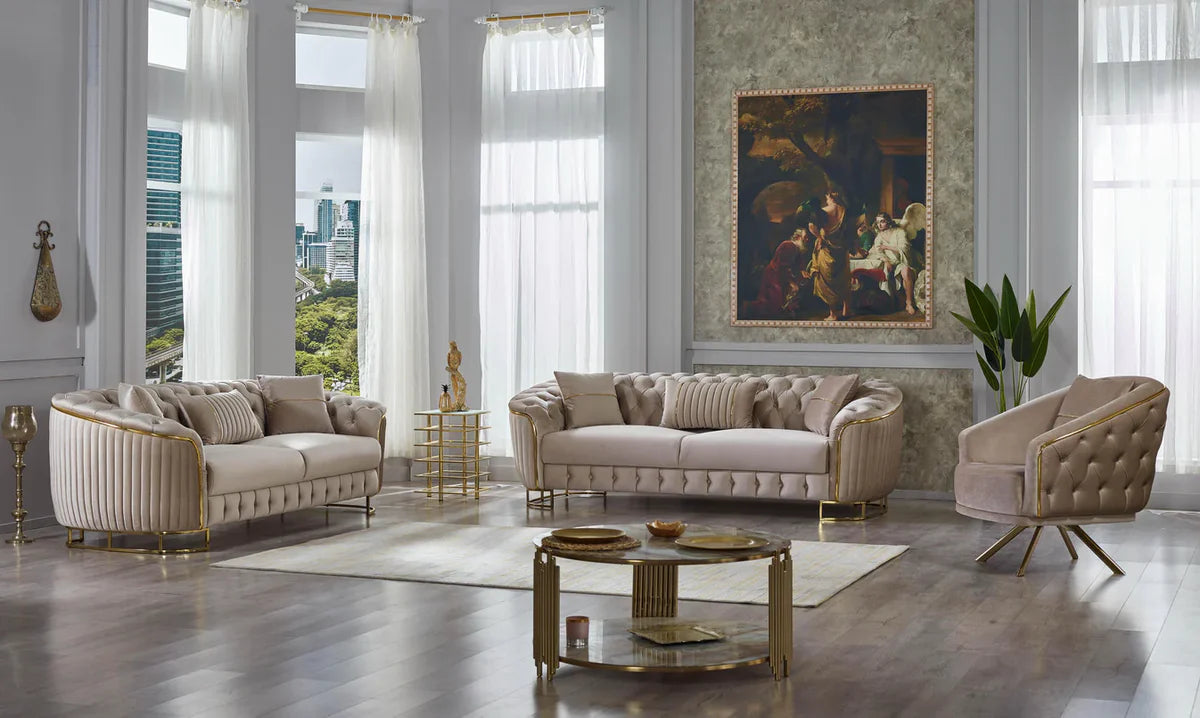 The Sienna Luxury Chesterfield Premium Armchair Beige Gold Velvet