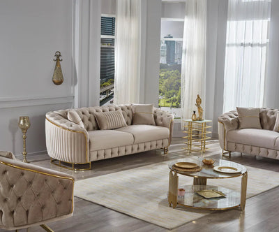 The Sienna Luxury Chesterfield Premium 3+2 Beige Gold Velvet Sofa